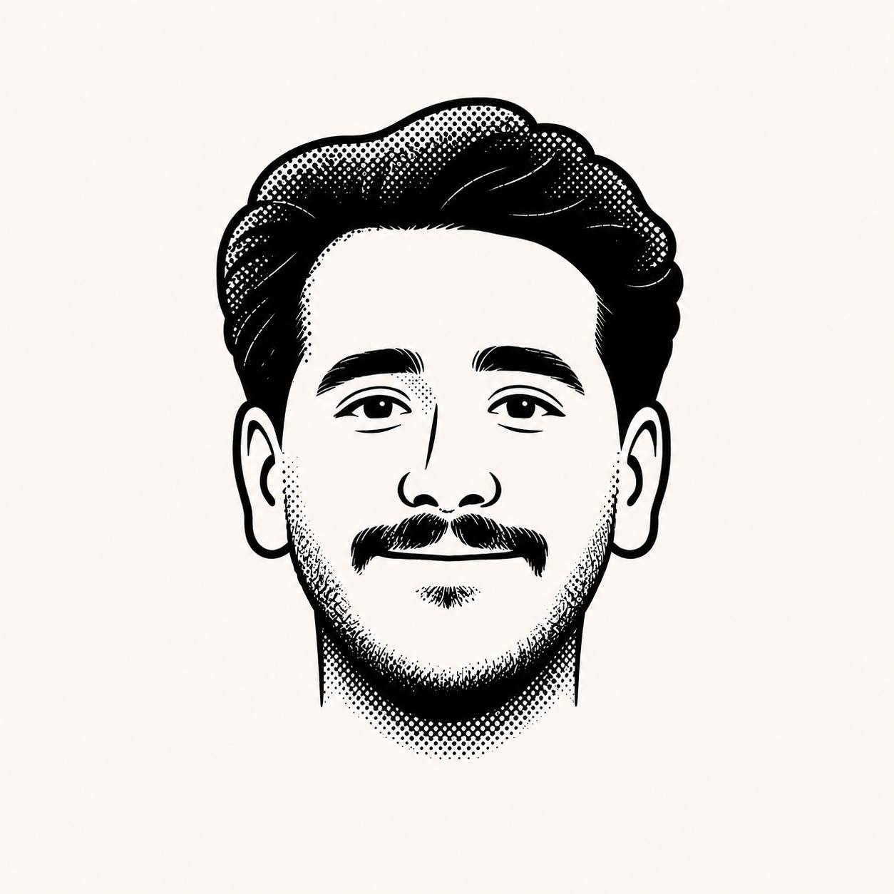Black-and-white illustrated portrait of Kamran Boroomand
