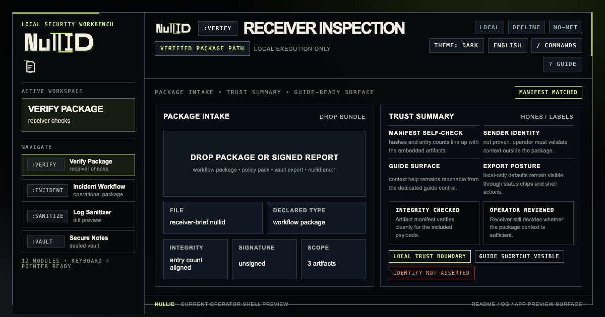 NullID receiver inspection workspace showing local package intake and an explicit trust summary