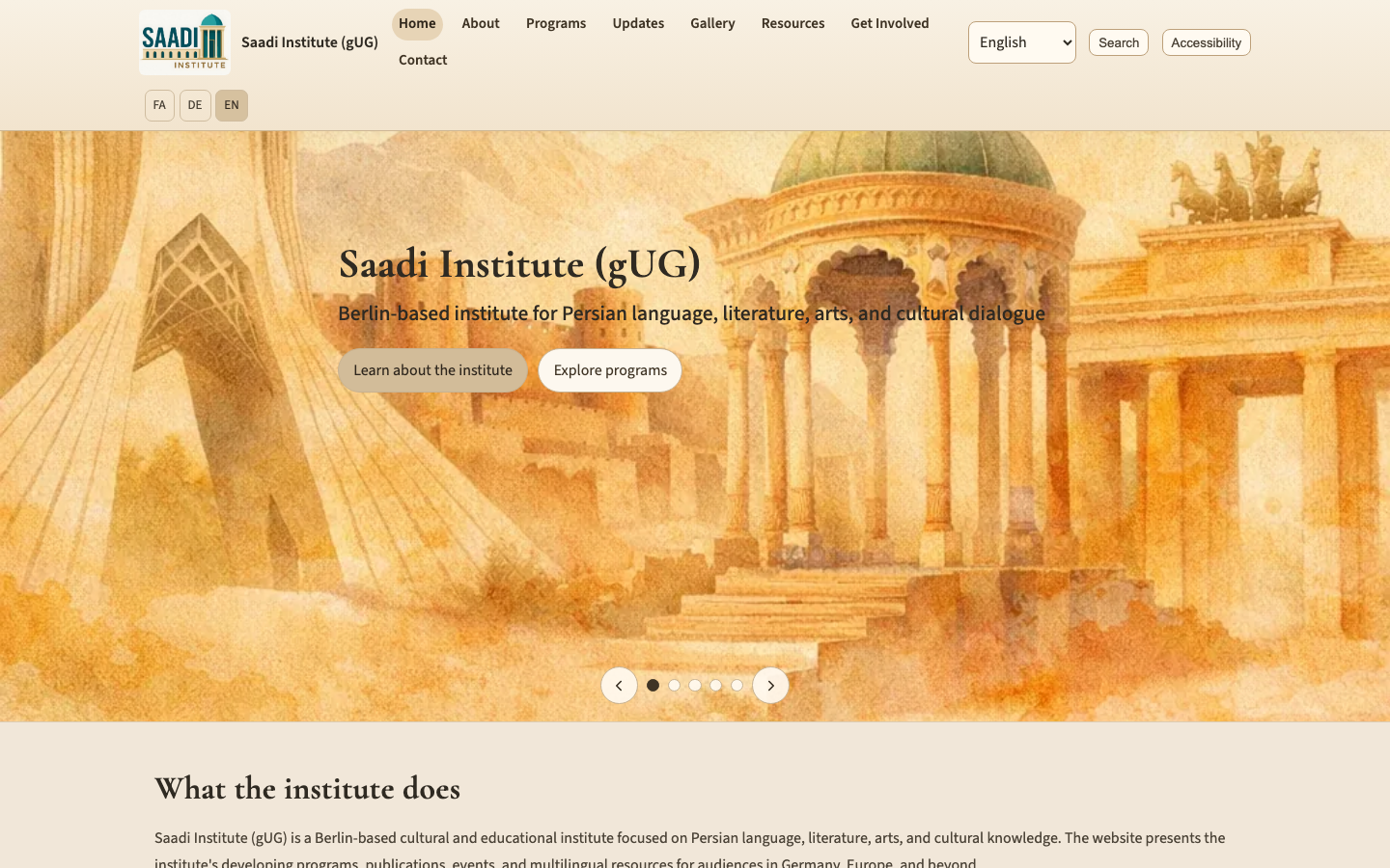 Saadi Institute English homepage with multilingual navigation and a cultural-program hero